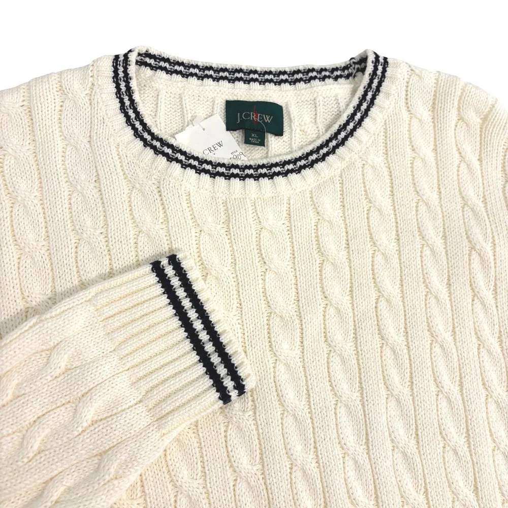 New J.Crew Big Cable Knit Sweater Mens XL Cream Navy Cotton Crewneck Long Arms